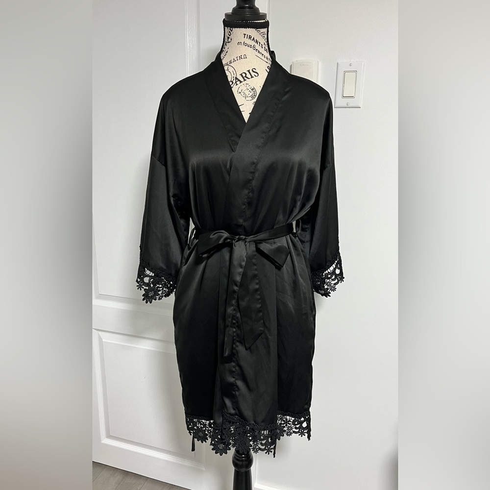 Black Satin robe, lace silk kimono robe - S